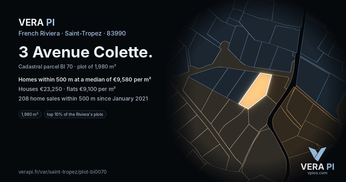 3 Avenue Colette, Saint-Tropez at night – the plot lit, the parcels around coloured by the prices near them