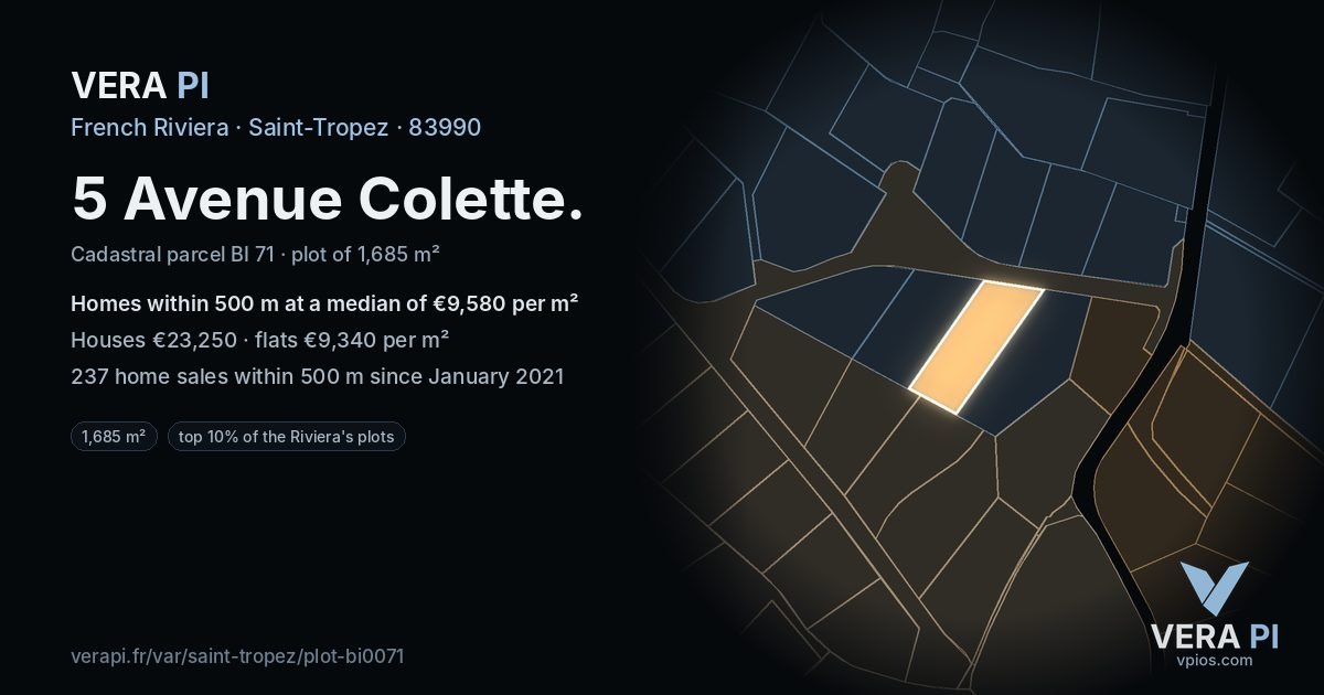 5 Avenue Colette, Saint-Tropez at night – the plot lit, the parcels around coloured by the prices near them