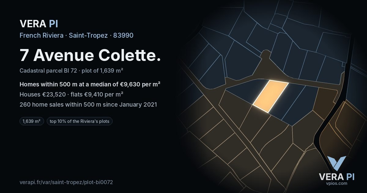 7 Avenue Colette, Saint-Tropez at night – the plot lit, the parcels around coloured by the prices near them
