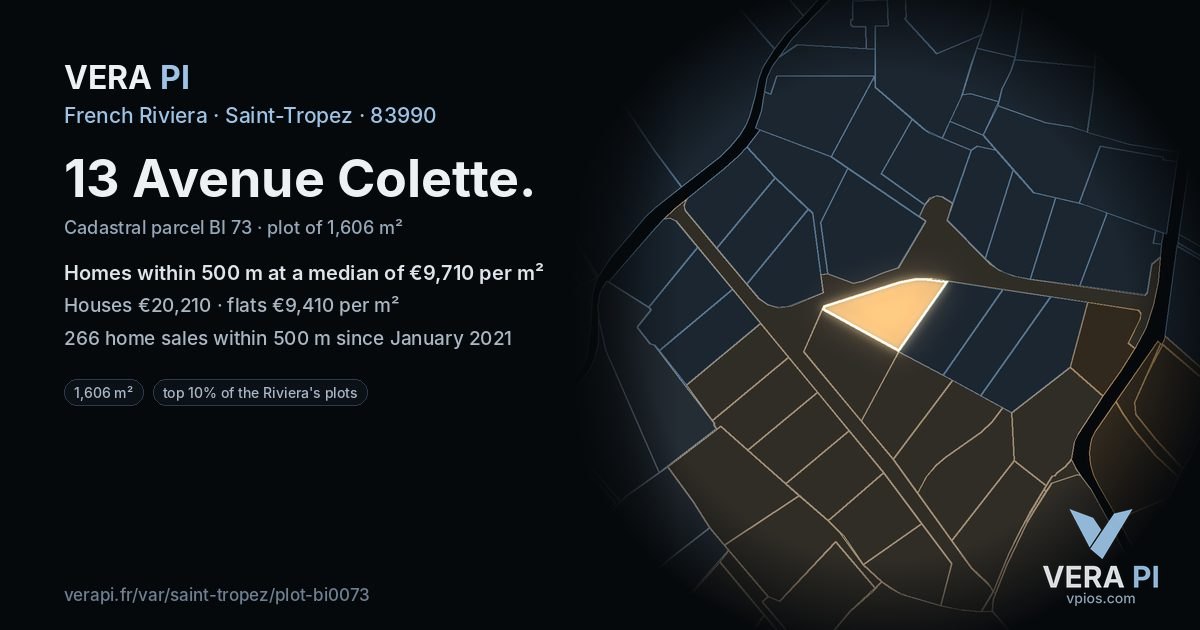 13 Avenue Colette, Saint-Tropez at night – the plot lit, the parcels around coloured by the prices near them