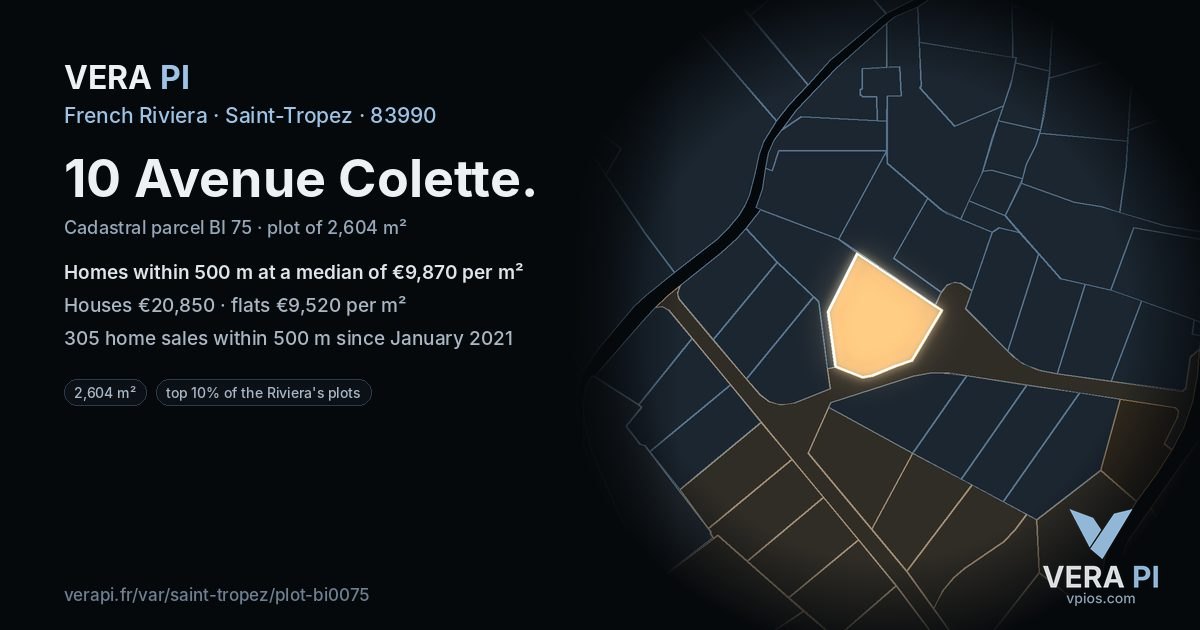 10 Avenue Colette, Saint-Tropez at night – the plot lit, the parcels around coloured by the prices near them