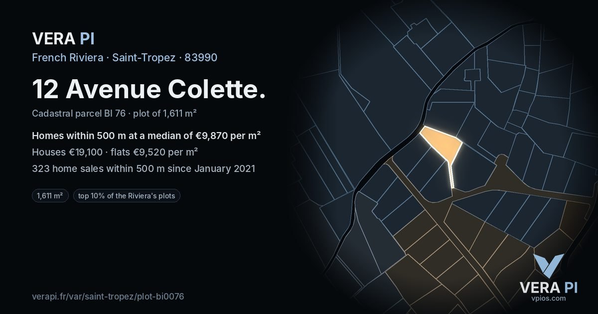 12 Avenue Colette, Saint-Tropez at night – the plot lit, the parcels around coloured by the prices near them
