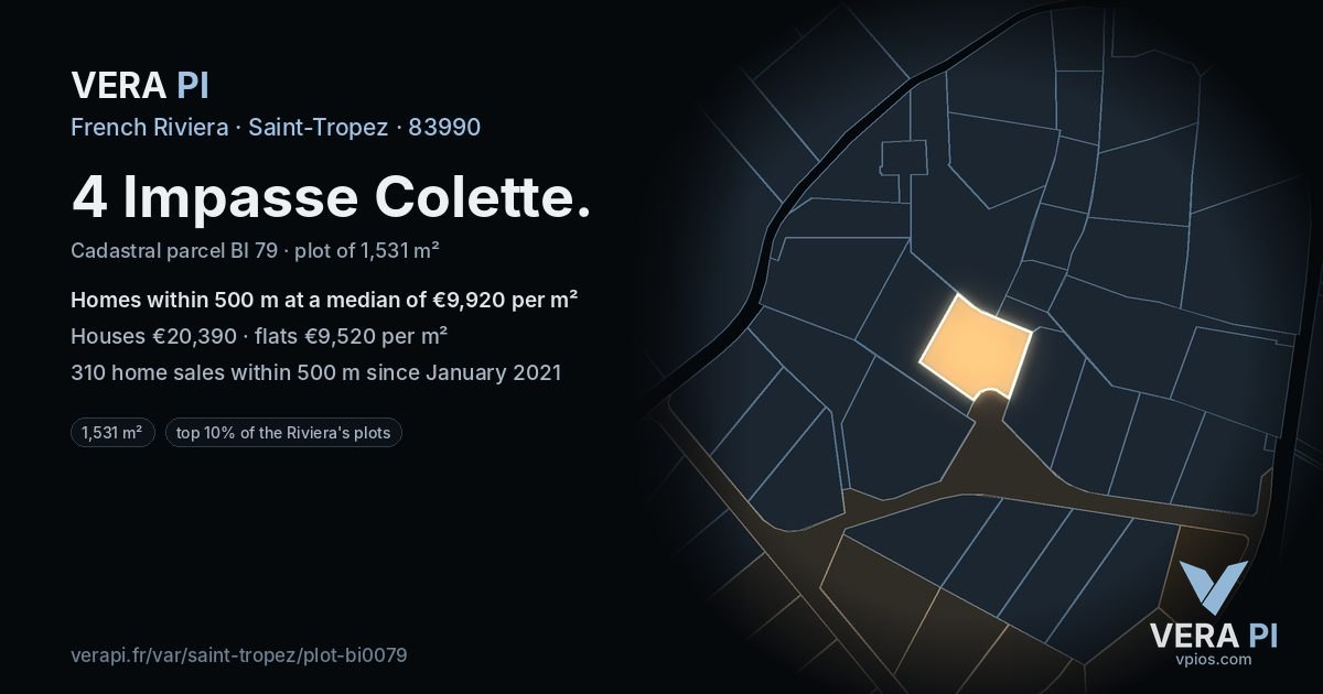 4 Impasse Colette, Saint-Tropez at night – the plot lit, the parcels around coloured by the prices near them