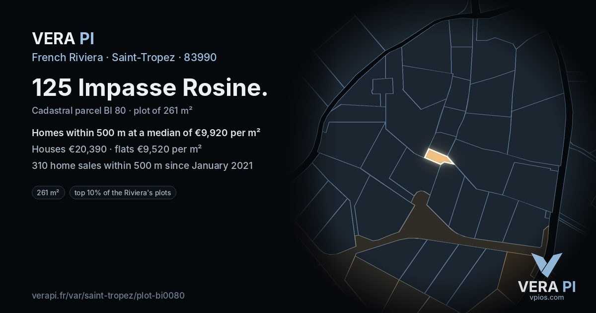 125 Impasse Rosine, Saint-Tropez at night – the plot lit, the parcels around coloured by the prices near them
