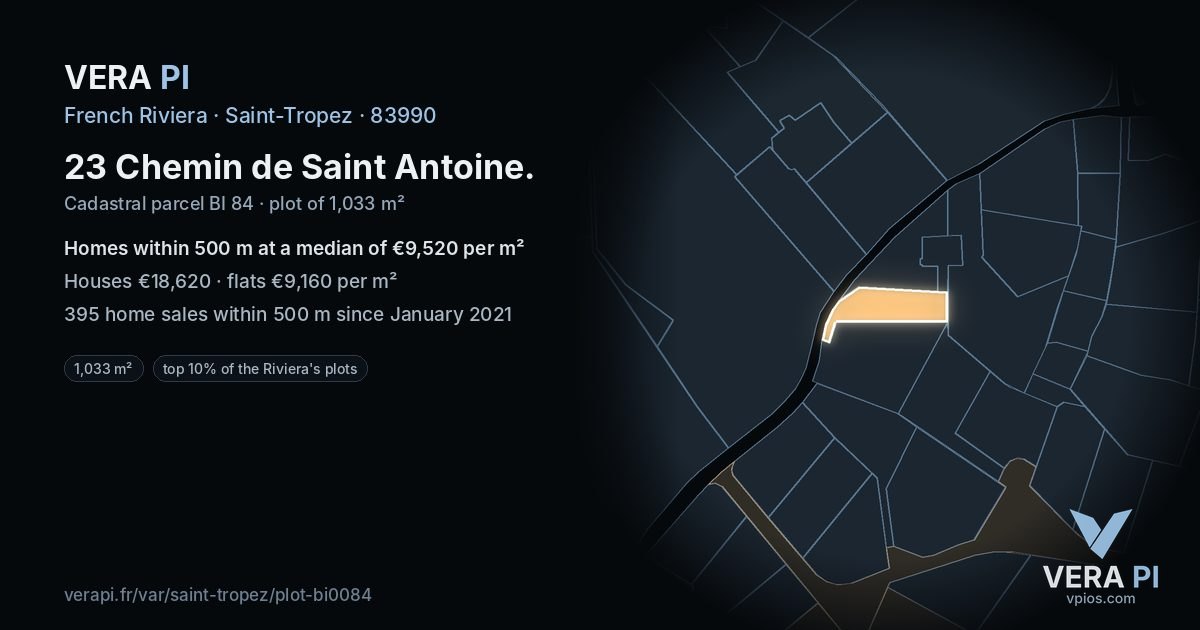23 Chemin de Saint Antoine, Saint-Tropez at night – the plot lit, the parcels around coloured by the prices near them