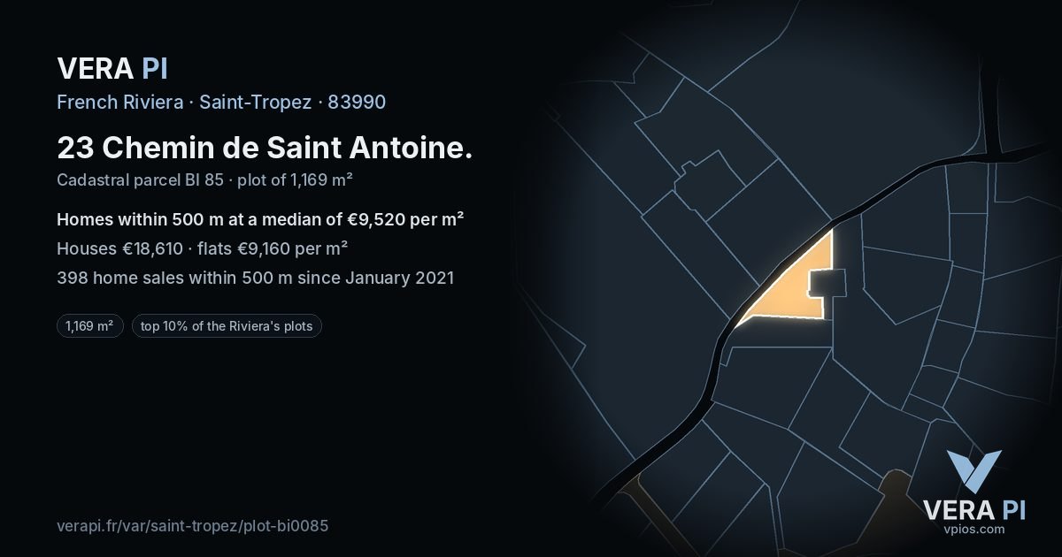 23 Chemin de Saint Antoine, Saint-Tropez at night – the plot lit, the parcels around coloured by the prices near them