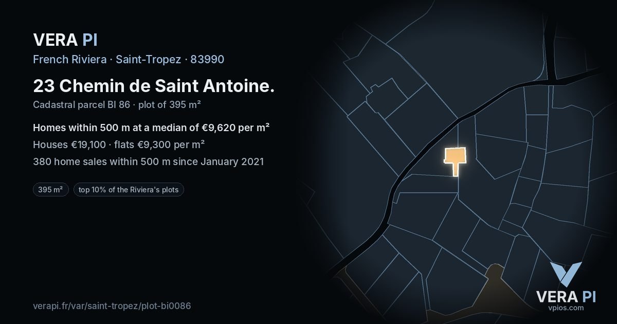 23 Chemin de Saint Antoine, Saint-Tropez at night – the plot lit, the parcels around coloured by the prices near them