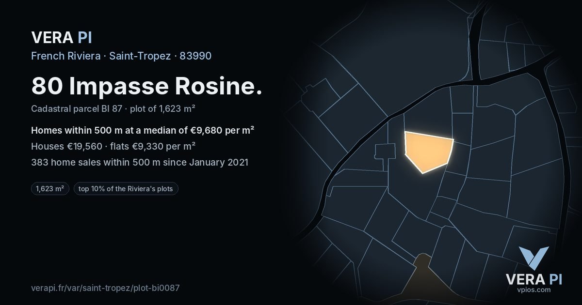 80 Impasse Rosine, Saint-Tropez at night – the plot lit, the parcels around coloured by the prices near them