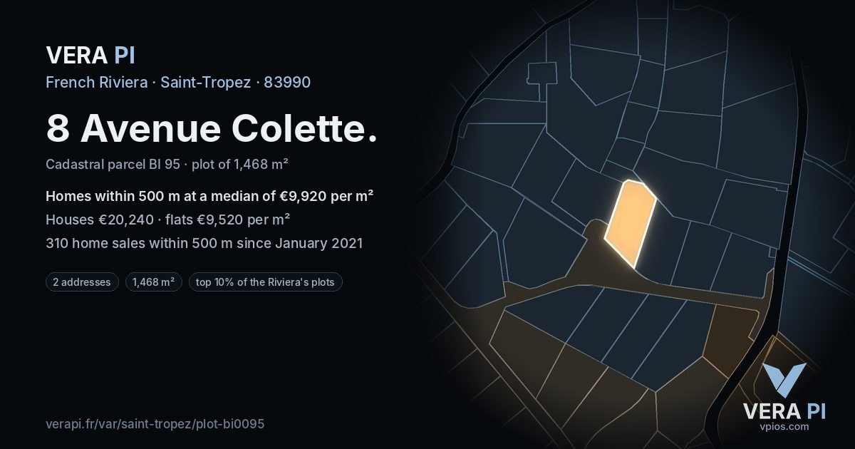 8 Avenue Colette, Saint-Tropez at night – the plot lit, the parcels around coloured by the prices near them