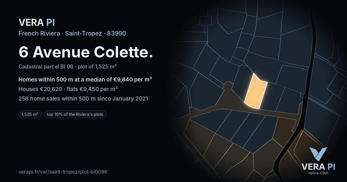 6 Avenue Colette, Saint-Tropez at night – the plot lit, the parcels around coloured by the prices near them