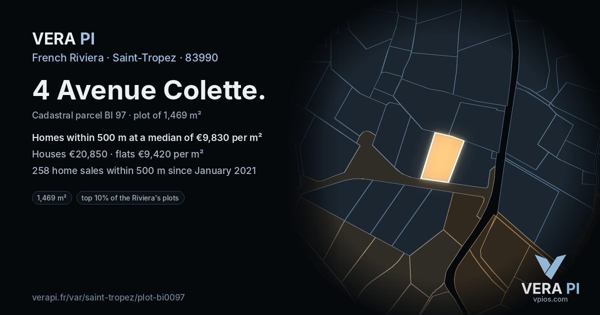 4 Avenue Colette, Saint-Tropez at night – the plot lit, the parcels around coloured by the prices near them