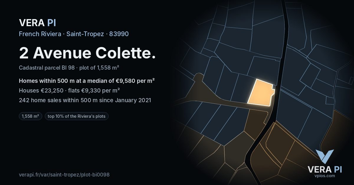 2 Avenue Colette, Saint-Tropez at night – the plot lit, the parcels around coloured by the prices near them
