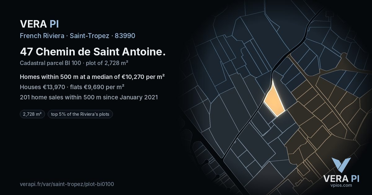 47 Chemin de Saint Antoine, Saint-Tropez at night – the plot lit, the parcels around coloured by the prices near them