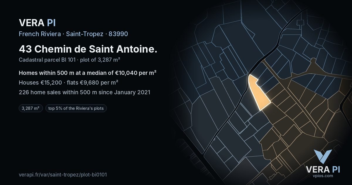43 Chemin de Saint Antoine, Saint-Tropez at night – the plot lit, the parcels around coloured by the prices near them