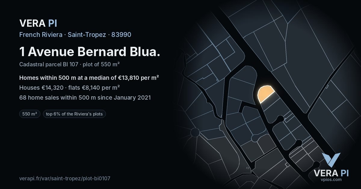1 Avenue Bernard Blua, Saint-Tropez at night – the plot lit, the parcels around coloured by the prices near them
