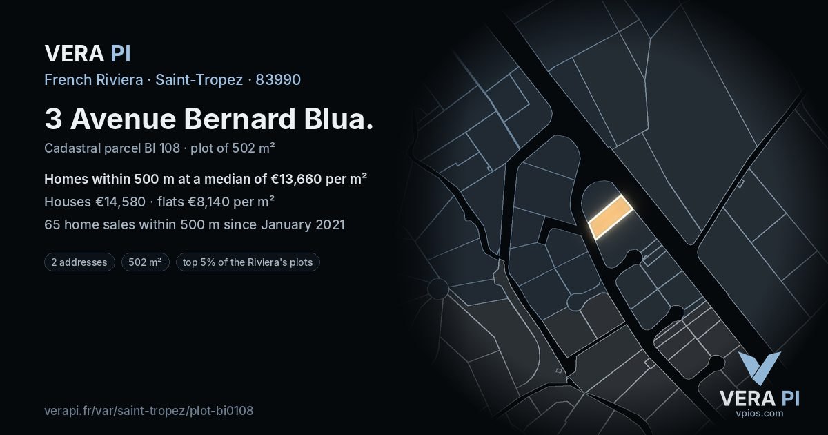 3 Avenue Bernard Blua, Saint-Tropez at night – the plot lit, the parcels around coloured by the prices near them