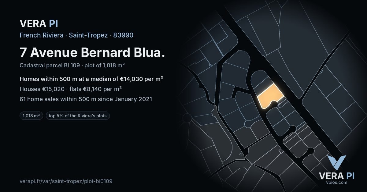 7 Avenue Bernard Blua, Saint-Tropez at night – the plot lit, the parcels around coloured by the prices near them