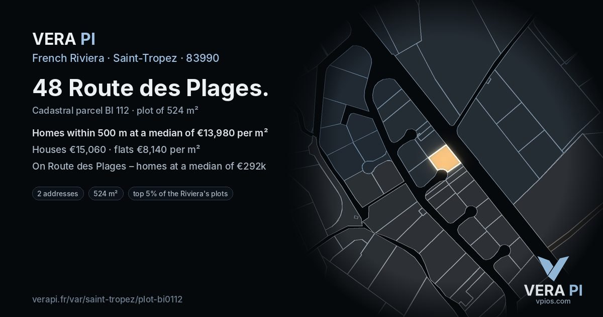 48 Route des Plages, Saint-Tropez at night – the plot lit, the parcels around coloured by the prices near them