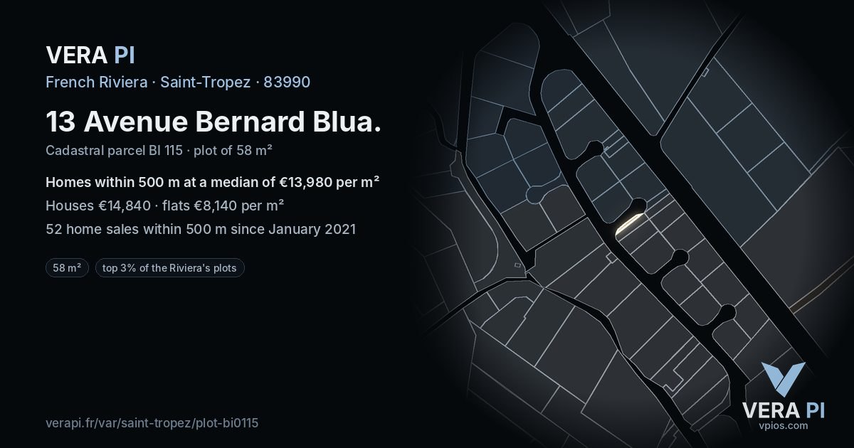 13 Avenue Bernard Blua, Saint-Tropez at night – the plot lit, the parcels around coloured by the prices near them