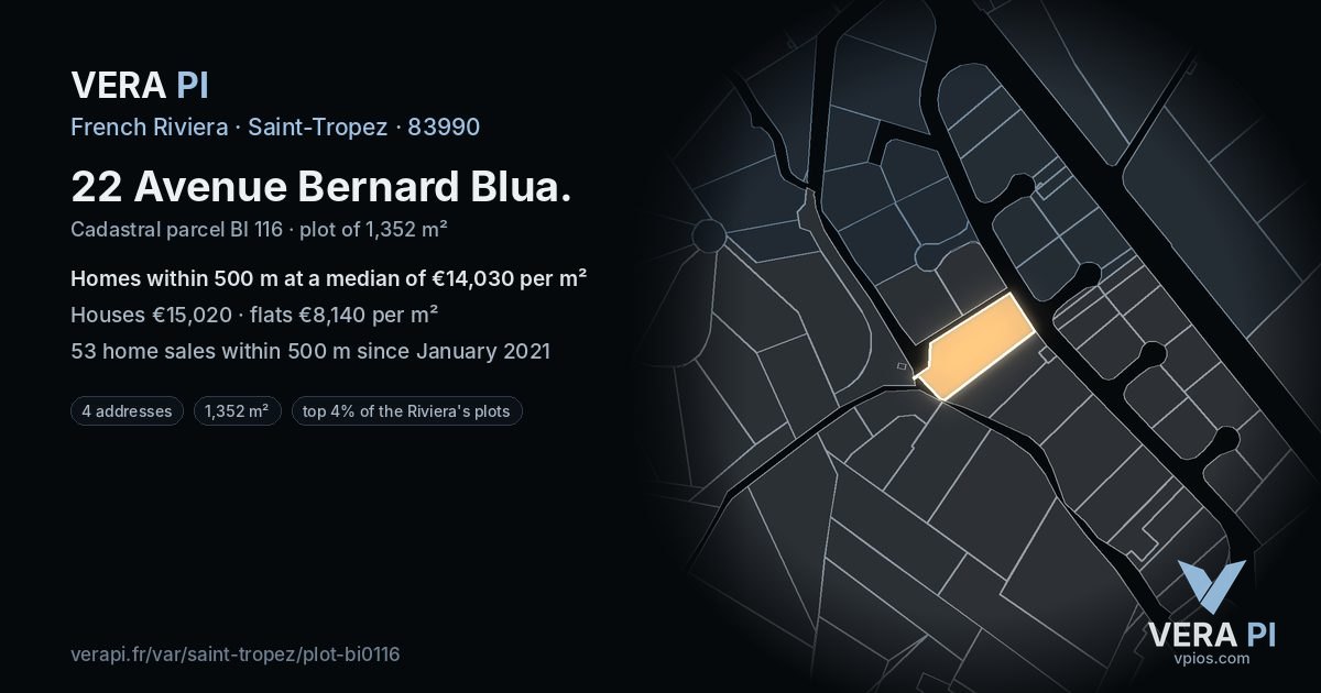22 Avenue Bernard Blua, Saint-Tropez at night – the plot lit, the parcels around coloured by the prices near them
