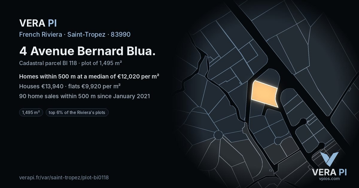 4 Avenue Bernard Blua, Saint-Tropez at night – the plot lit, the parcels around coloured by the prices near them