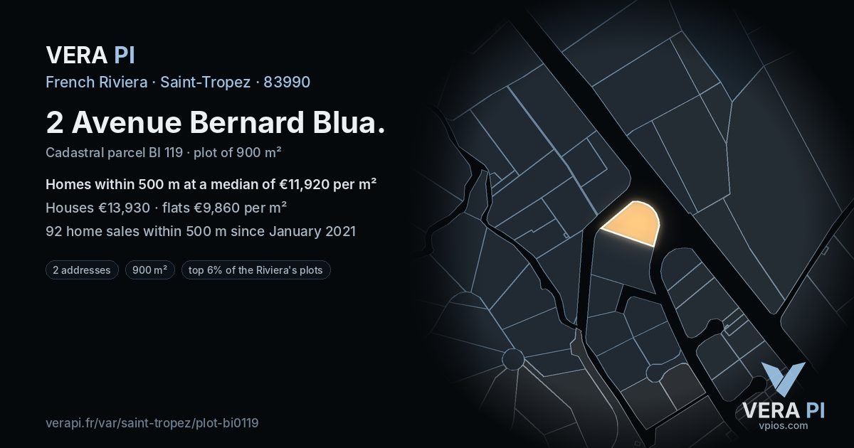 2 Avenue Bernard Blua, Saint-Tropez at night – the plot lit, the parcels around coloured by the prices near them