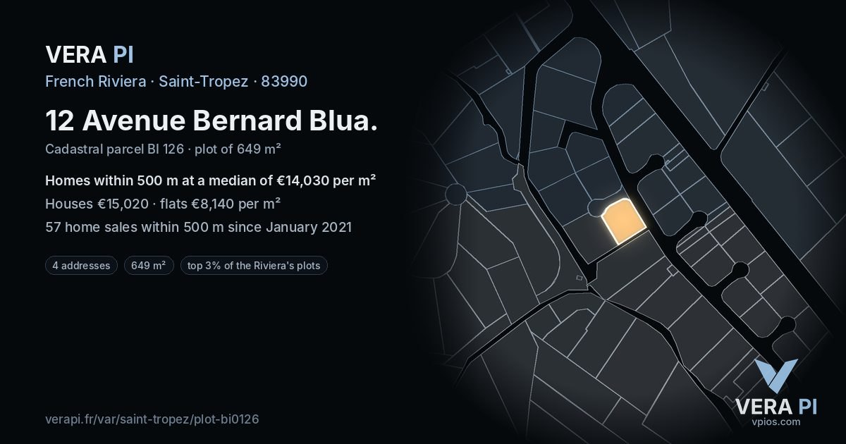 12 Avenue Bernard Blua, Saint-Tropez at night – the plot lit, the parcels around coloured by the prices near them