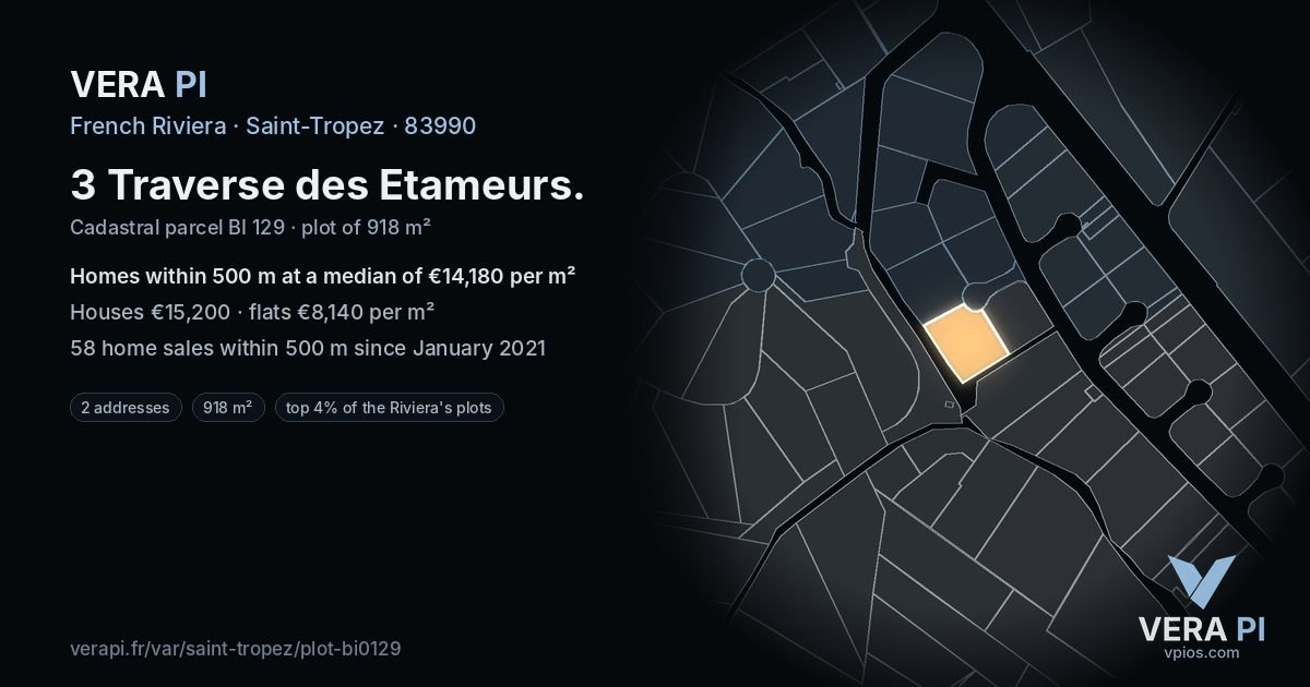 3 Traverse des Etameurs, Saint-Tropez at night – the plot lit, the parcels around coloured by the prices near them