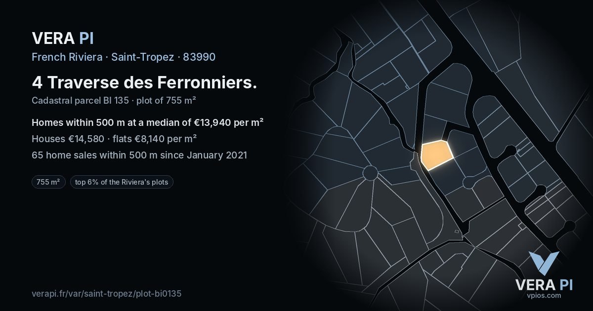 4 Traverse des Ferronniers, Saint-Tropez at night – the plot lit, the parcels around coloured by the prices near them