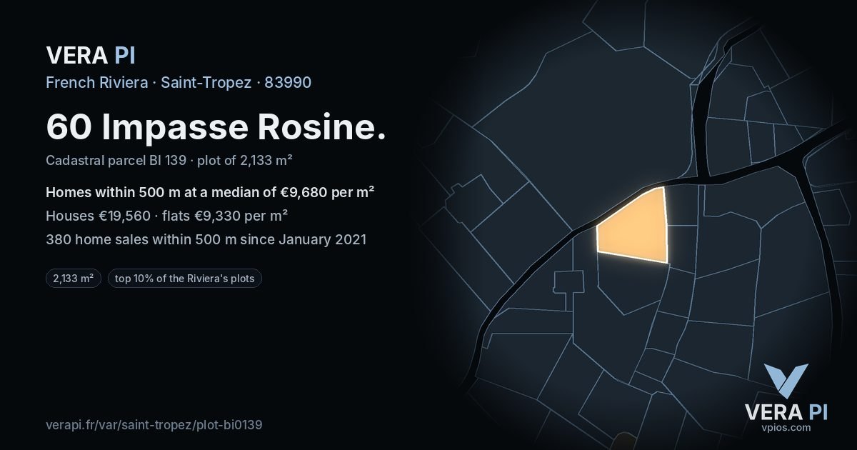 60 Impasse Rosine, Saint-Tropez at night – the plot lit, the parcels around coloured by the prices near them