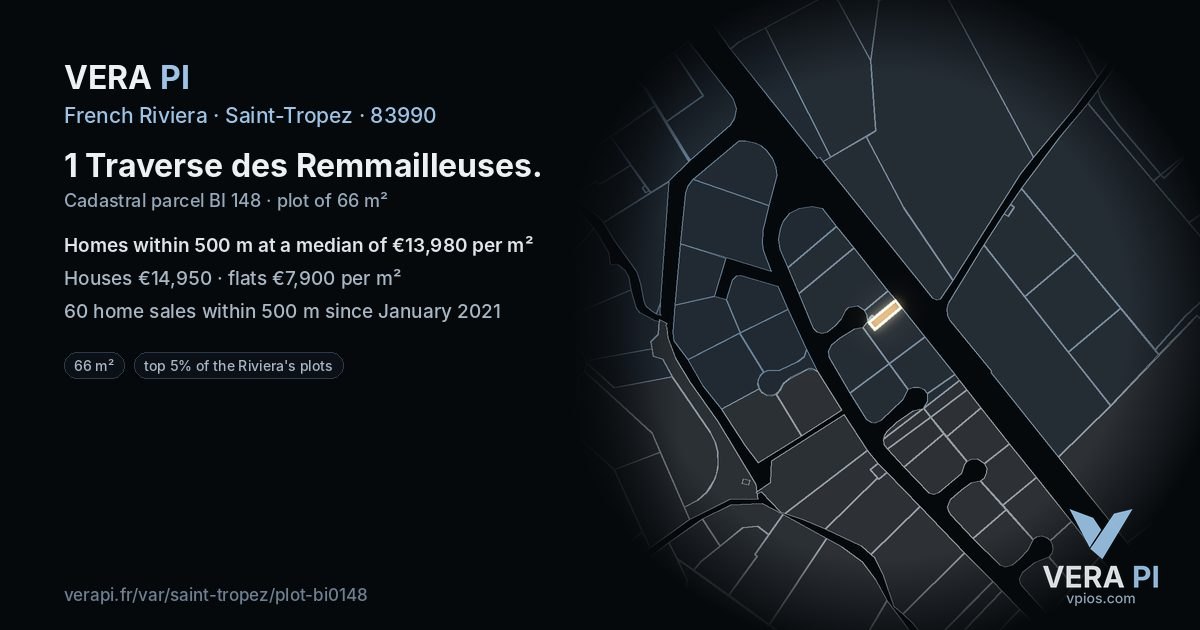 1 Traverse des Remmailleuses, Saint-Tropez at night – the plot lit, the parcels around coloured by the prices near them