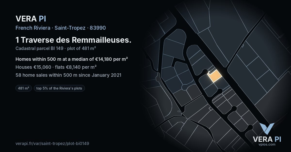 1 Traverse des Remmailleuses, Saint-Tropez at night – the plot lit, the parcels around coloured by the prices near them
