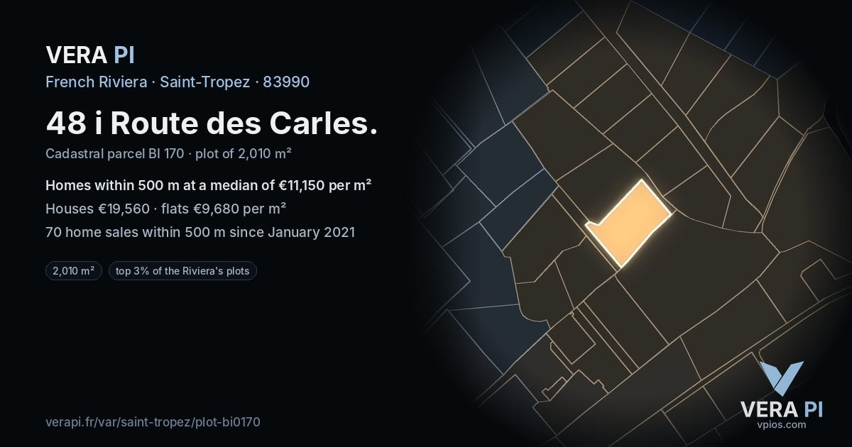 48 i Route des Carles, Saint-Tropez at night – the plot lit, the parcels around coloured by the prices near them