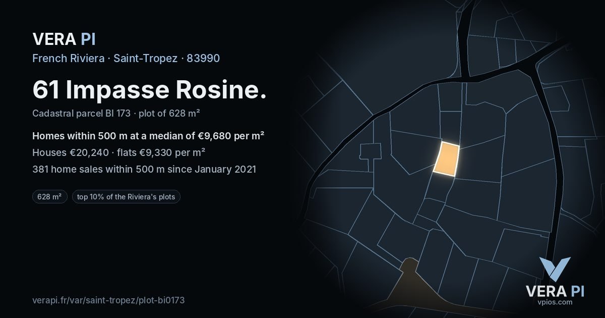 61 Impasse Rosine, Saint-Tropez at night – the plot lit, the parcels around coloured by the prices near them