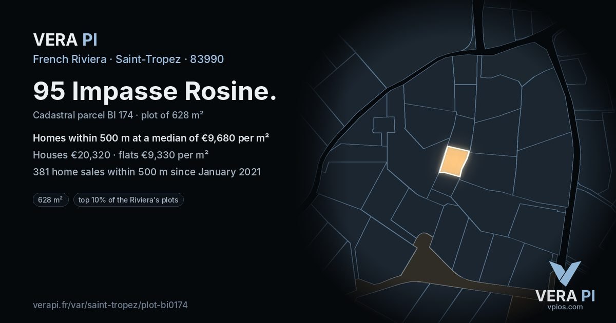 95 Impasse Rosine, Saint-Tropez at night – the plot lit, the parcels around coloured by the prices near them