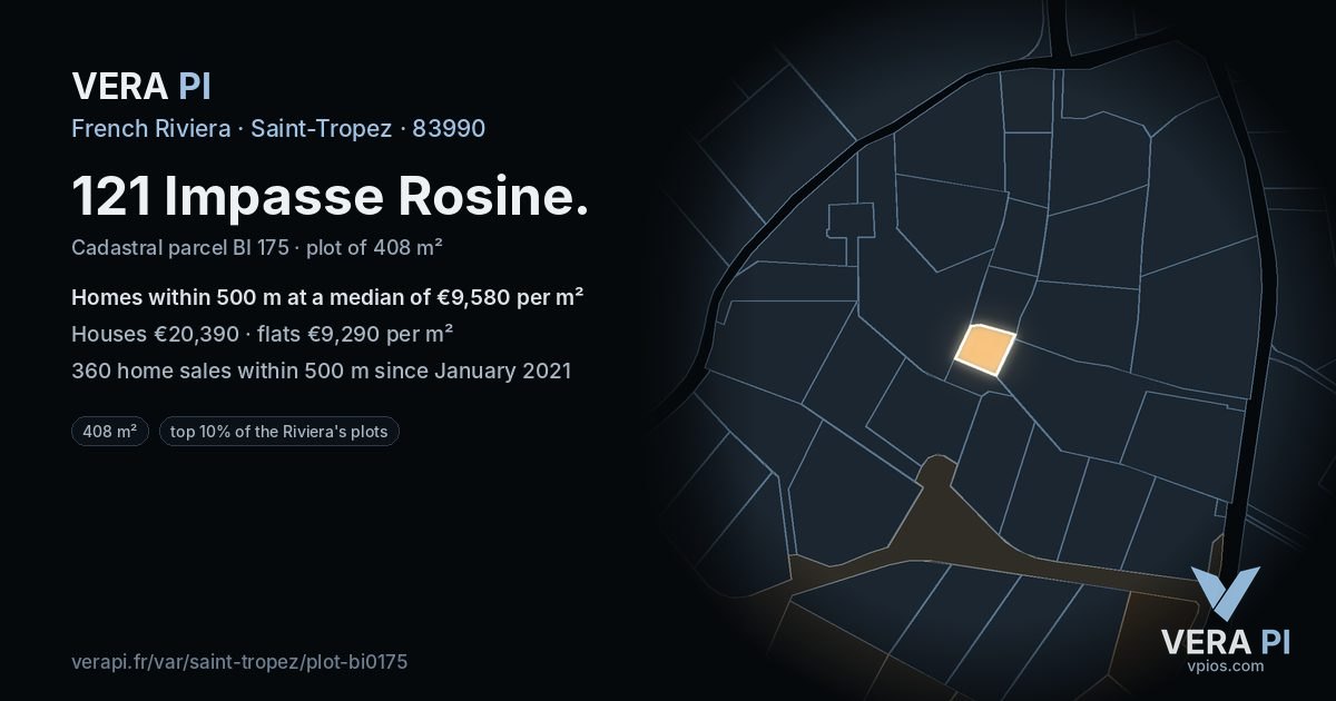 121 Impasse Rosine, Saint-Tropez at night – the plot lit, the parcels around coloured by the prices near them