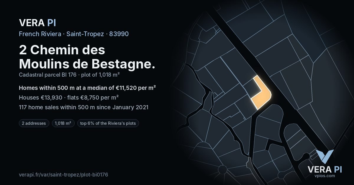 2 Chemin des Moulins de Bestagne, Saint-Tropez at night – the plot lit, the parcels around coloured by the prices near them