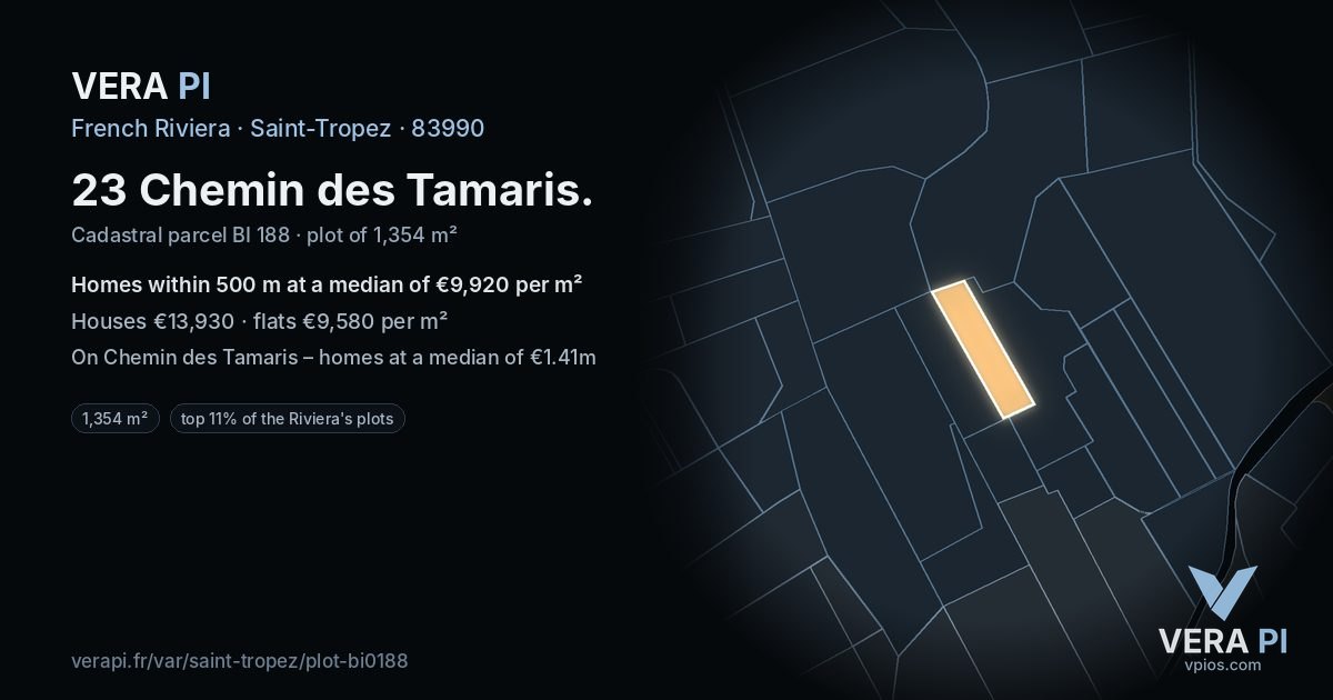 23 Chemin des Tamaris, Saint-Tropez at night – the plot lit, the parcels around coloured by the prices near them