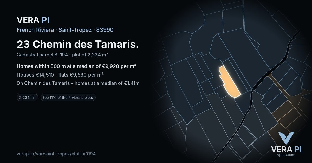 23 Chemin des Tamaris, Saint-Tropez at night – the plot lit, the parcels around coloured by the prices near them