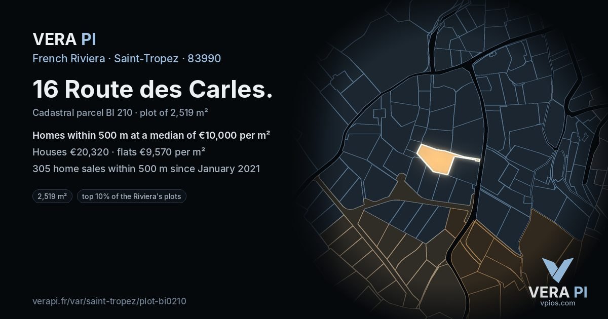 16 Route des Carles, Saint-Tropez at night – the plot lit, the parcels around coloured by the prices near them