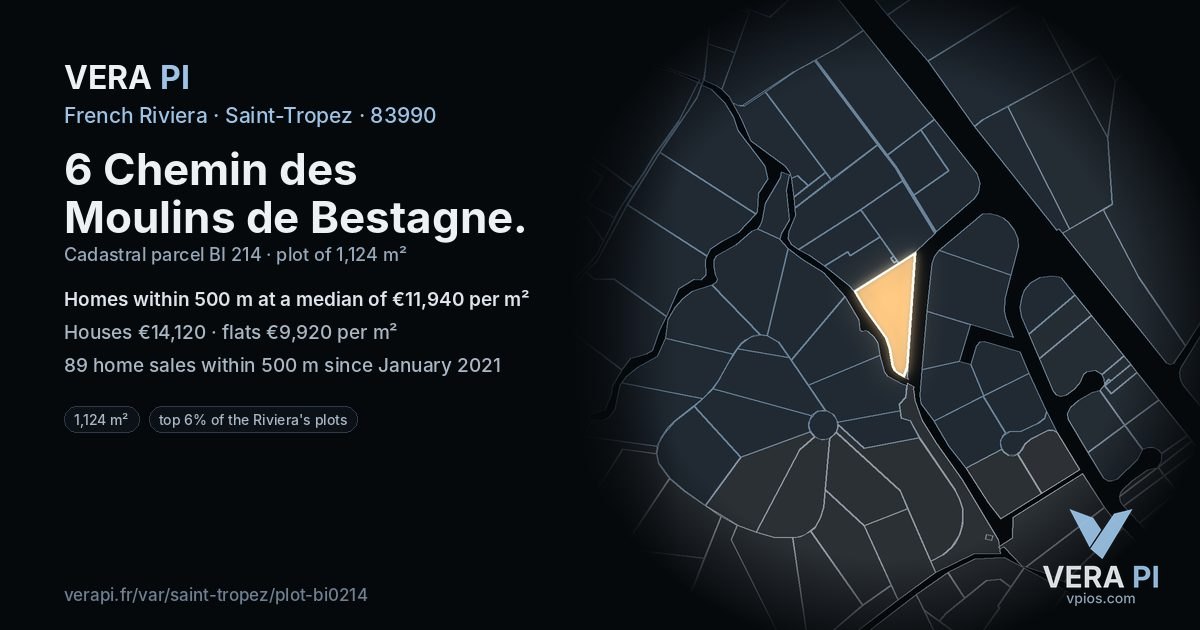 6 Chemin des Moulins de Bestagne, Saint-Tropez at night – the plot lit, the parcels around coloured by the prices near them