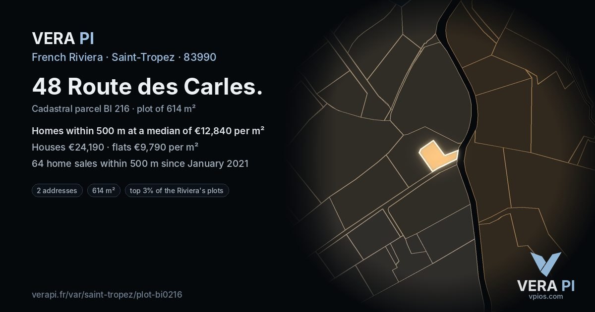 48 Route des Carles, Saint-Tropez at night – the plot lit, the parcels around coloured by the prices near them