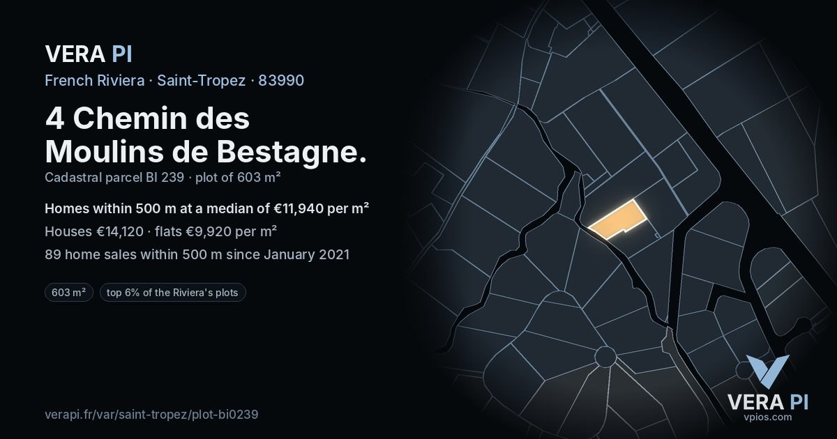 4 Chemin des Moulins de Bestagne, Saint-Tropez at night – the plot lit, the parcels around coloured by the prices near them