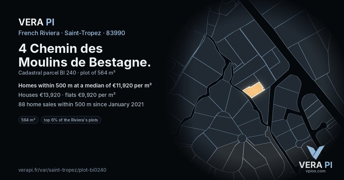 4 Chemin des Moulins de Bestagne, Saint-Tropez at night – the plot lit, the parcels around coloured by the prices near them