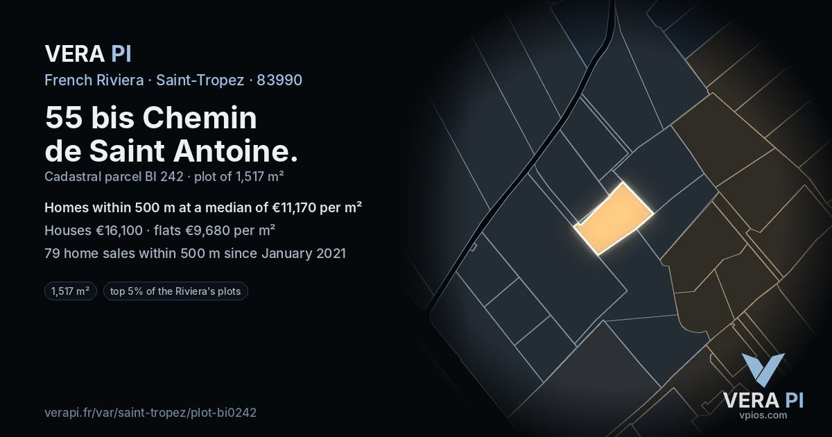 55 bis Chemin de Saint Antoine, Saint-Tropez at night – the plot lit, the parcels around coloured by the prices near them