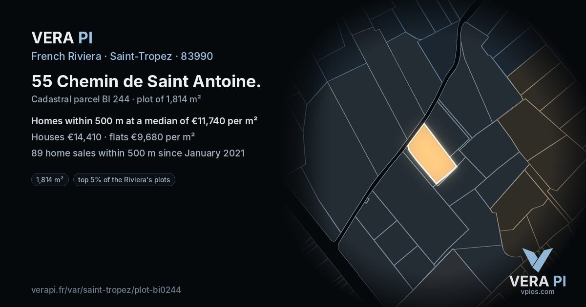 55 Chemin de Saint Antoine, Saint-Tropez at night – the plot lit, the parcels around coloured by the prices near them