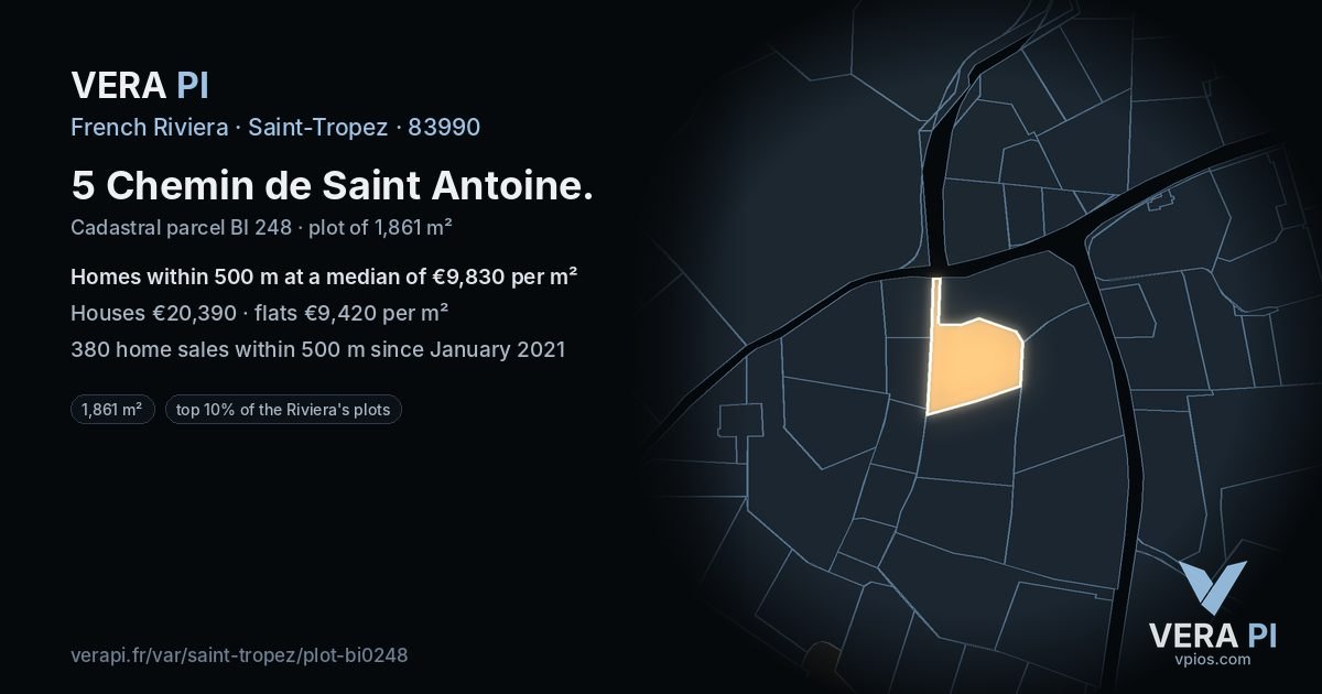5 Chemin de Saint Antoine, Saint-Tropez at night – the plot lit, the parcels around coloured by the prices near them