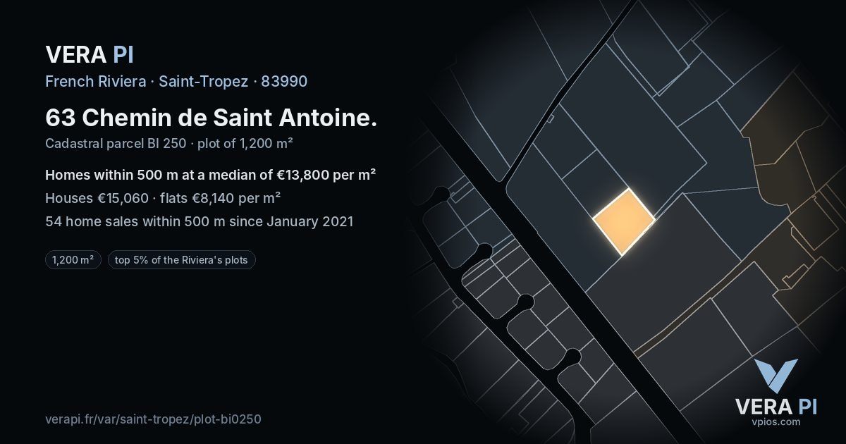 63 Chemin de Saint Antoine, Saint-Tropez at night – the plot lit, the parcels around coloured by the prices near them