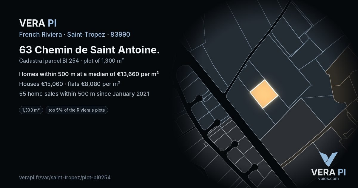 63 Chemin de Saint Antoine, Saint-Tropez at night – the plot lit, the parcels around coloured by the prices near them