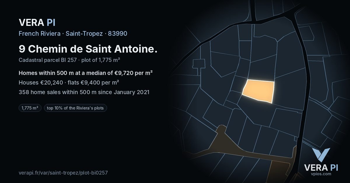 9 Chemin de Saint Antoine, Saint-Tropez at night – the plot lit, the parcels around coloured by the prices near them